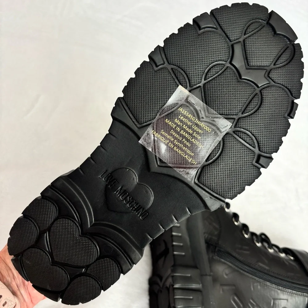 LOVE MOSCHINO Black Leather Moto Biker Boots--NEW--7 - Picture 12 of 15